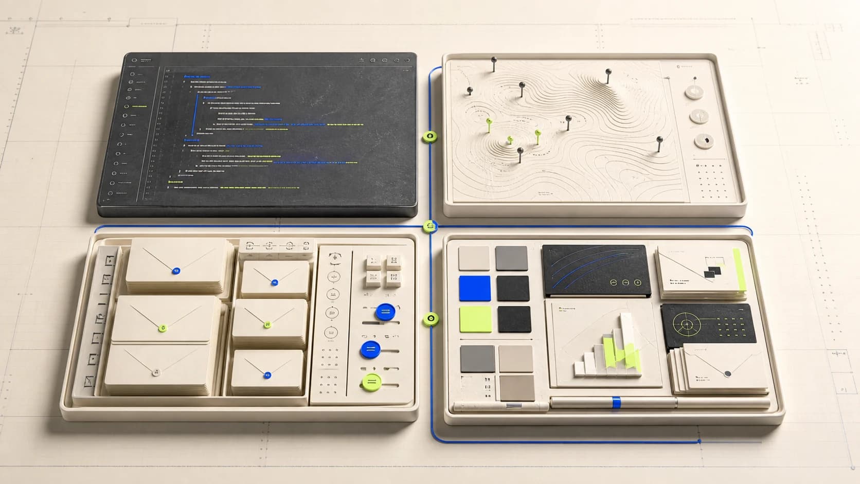 Four tactile capability kits for code, research, inbox operations, and growth assets
