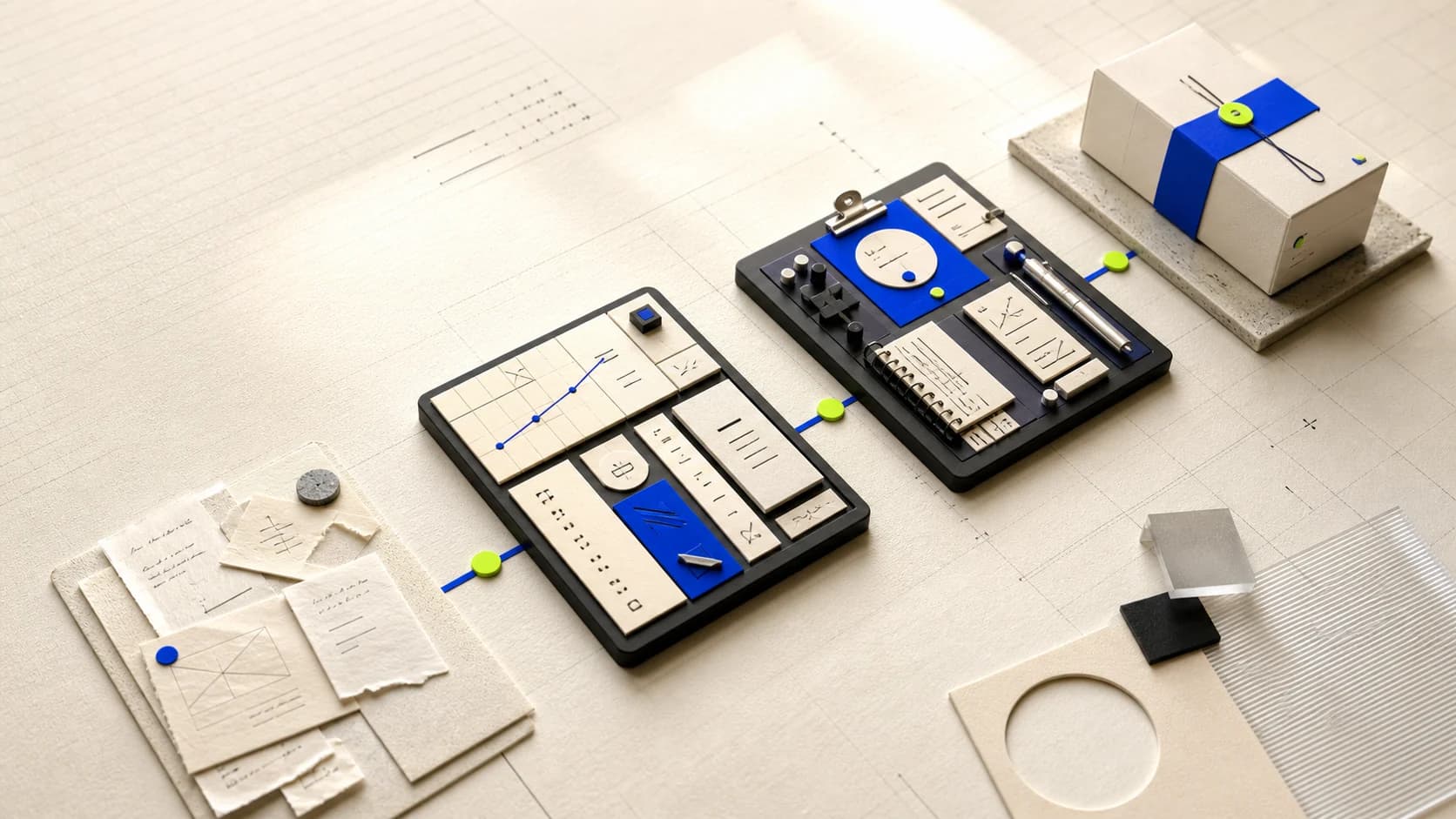 Diagonal route of physical workflow stations from brief to final handoff